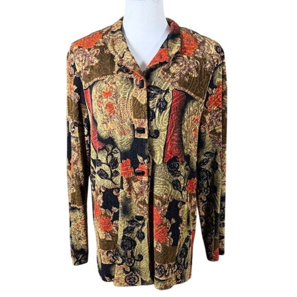 Coldwater Creek Women Large Floral Tapestry Patchwork Button Front Jacket H07340
